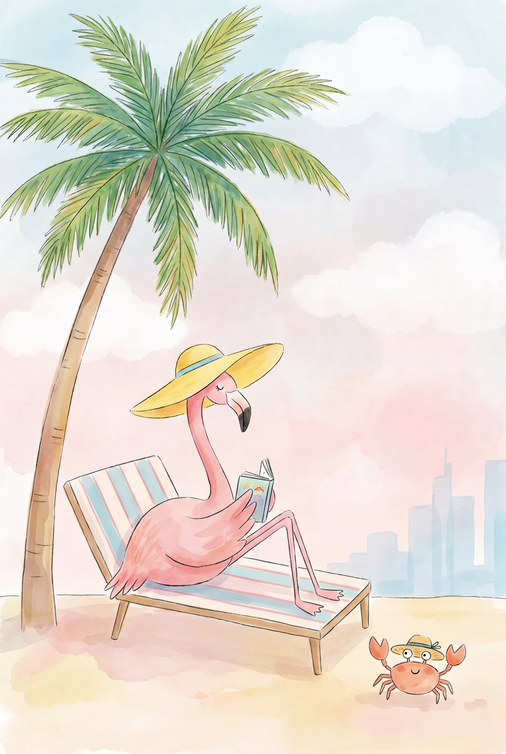 Sun Hat Reading Flamingo Wall Art - Tropical Beach Read