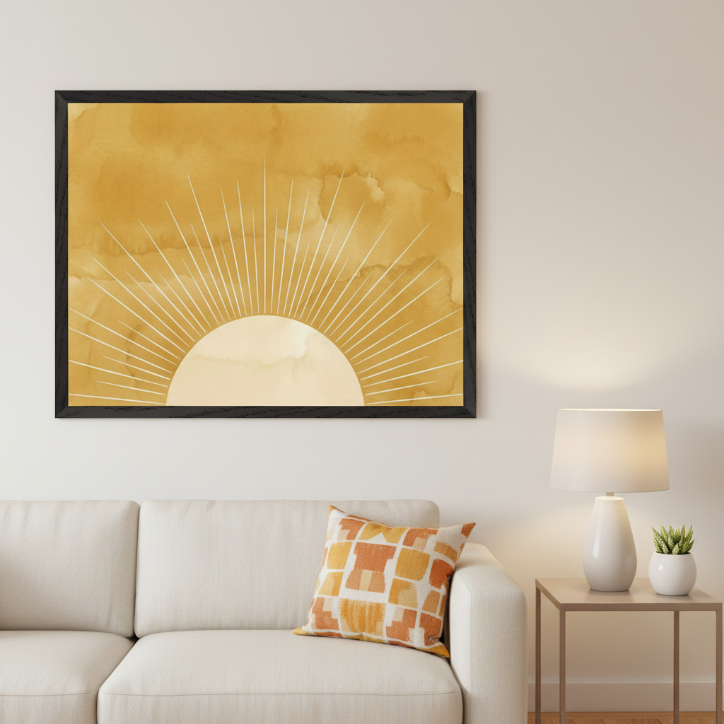 Modern living room with a light sofa and an end table. A large black-framed print of a golden yellow watercolor sunburst with white rays and a lighter semi-circle hangs above the sofa.