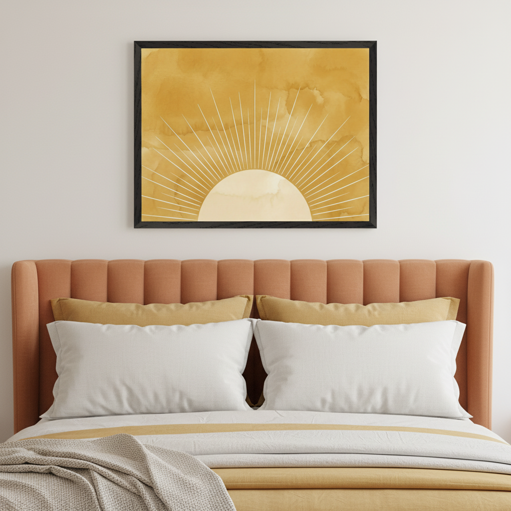 Modern bedroom with a bed featuring a terracotta upholstered headboard. A large black-framed art print hangs above the bed, depicting a yellow watercolor sun with radiating white lines on a yellow background.