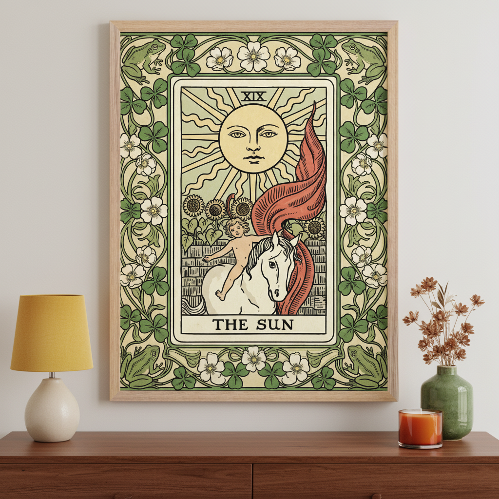 Modern room with a dark brown wooden dresser. A large framed Art Nouveau style tarot card print of "THE SUN" hangs centered above it, depicting a child on a white horse, a sun, sunflowers, and a green floral border.