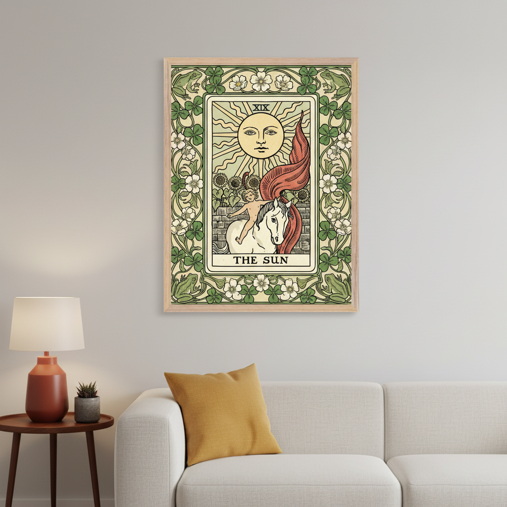 Living room with a white sectional sofa and a wooden side table with an orange lamp. A large framed print of "The Sun" tarot card, depicting a child on a white horse under a smiling sun with a floral and clover border, hangs above the right section of the sofa.