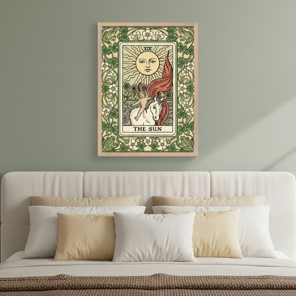 Modern bedroom with a beige padded bed and pillows. Above the bed hangs a framed tarot card print, "THE SUN" (XIX). The artwork depicts a smiling sun, a child on a white horse, sunflowers, and a decorative border with flowers and frogs.