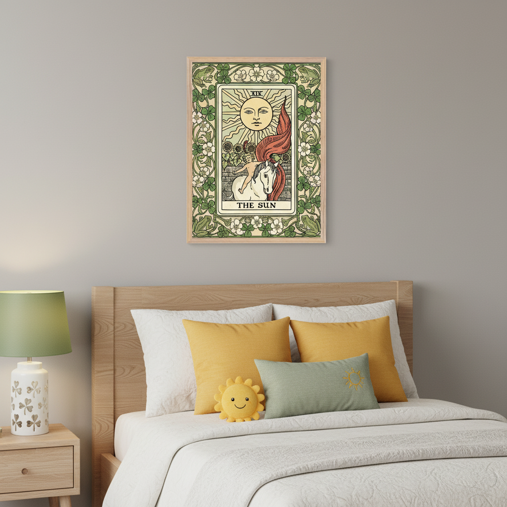 Modern bedroom with a light wooden bed, white bedding, yellow and green pillows, and a wooden nightstand with a lamp. A framed "The Sun" tarot card print hangs centered above the bed, featuring a sun, a child on a white horse, sunflowers, and a green floral border.