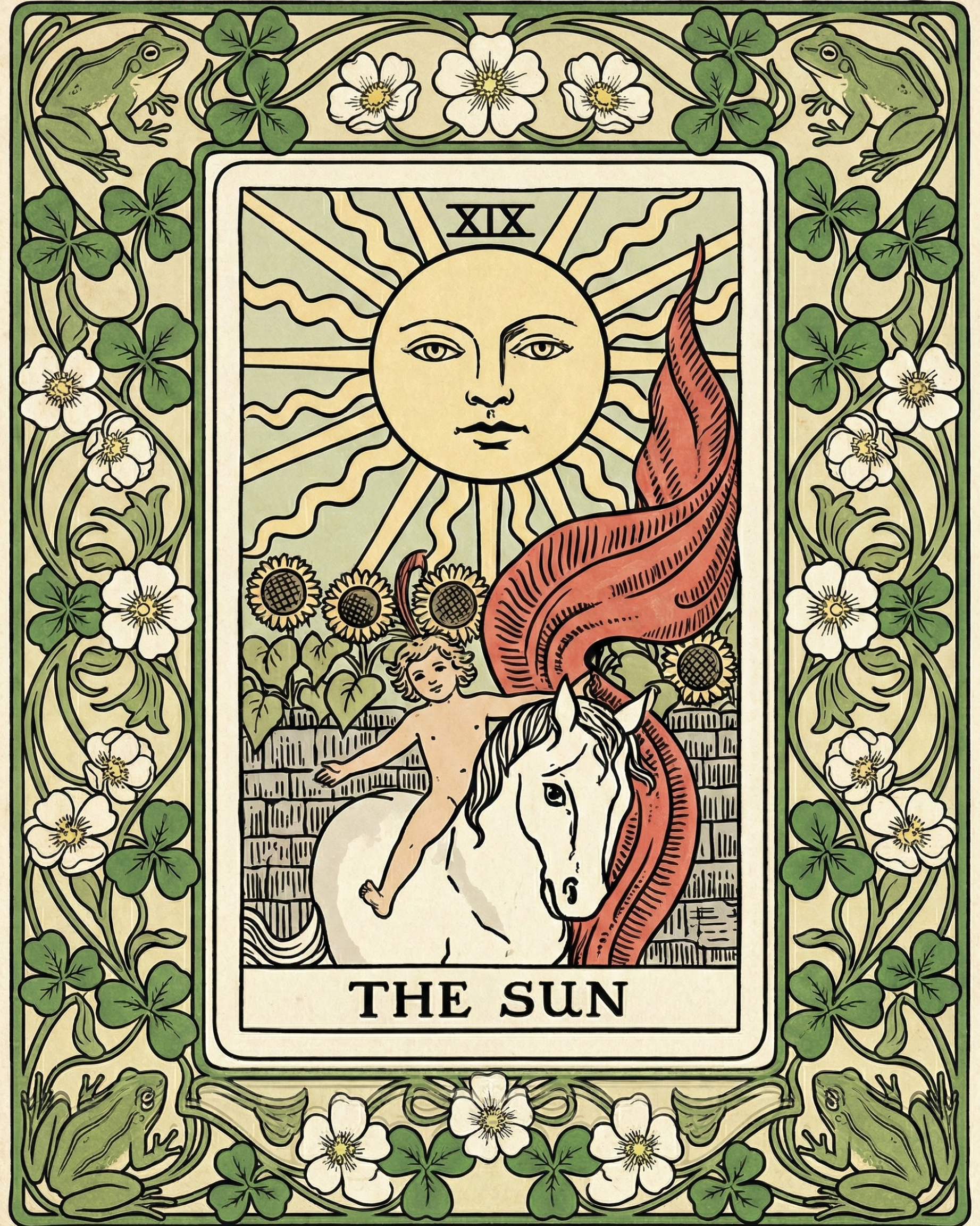 Illustration of The Sun tarot card featuring a radiant sun above a child riding a white horse surrounded by sunflowers with decorative clover and frog border perfect for mystical wall art