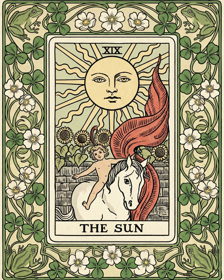 Illustration of The Sun tarot card featuring a radiant sun above a child riding a white horse surrounded by sunflowers with decorative clover and frog border perfect for mystical wall art
