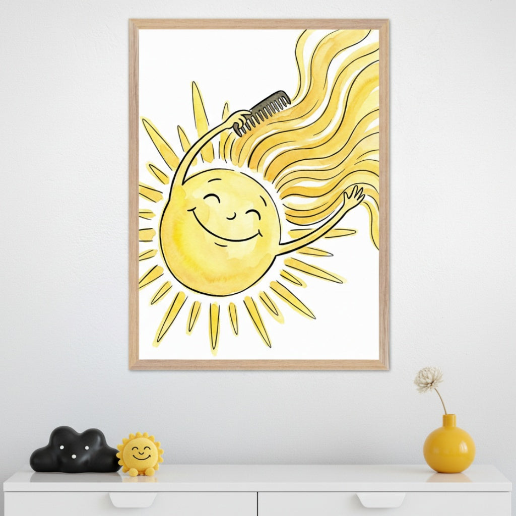 Modern kid's room with a white dresser. A framed watercolor of a happy yellow sun combing its long, wavy yellow hair hangs centered above the dresser. On the dresser: a black cloud, yellow sun plush, and yellow vase with white flower.