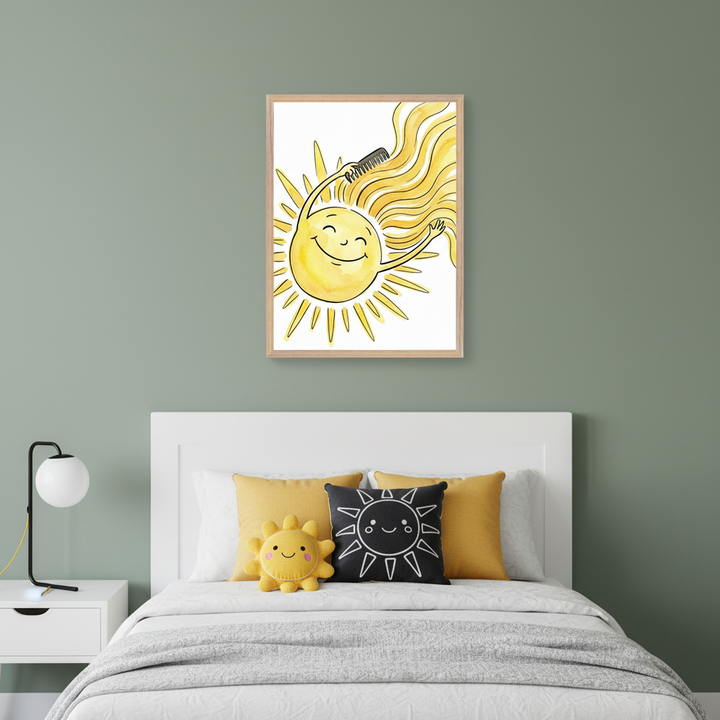 Kid's bedroom with a white bed, headboard, and nightstand against a sage green wall. A framed watercolor painting of a smiling sun brushing its yellow hair hangs above the bed. Sun-themed pillows are on the bed.
