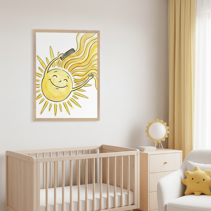 Modern nursery with a light wood crib, dresser, and cream armchair. A framed watercolor art print of a smiling yellow sun combing its long yellow hair hangs above the crib. A sun-shaped lamp sits on the dresser, and a sun pillow is in the armchair.