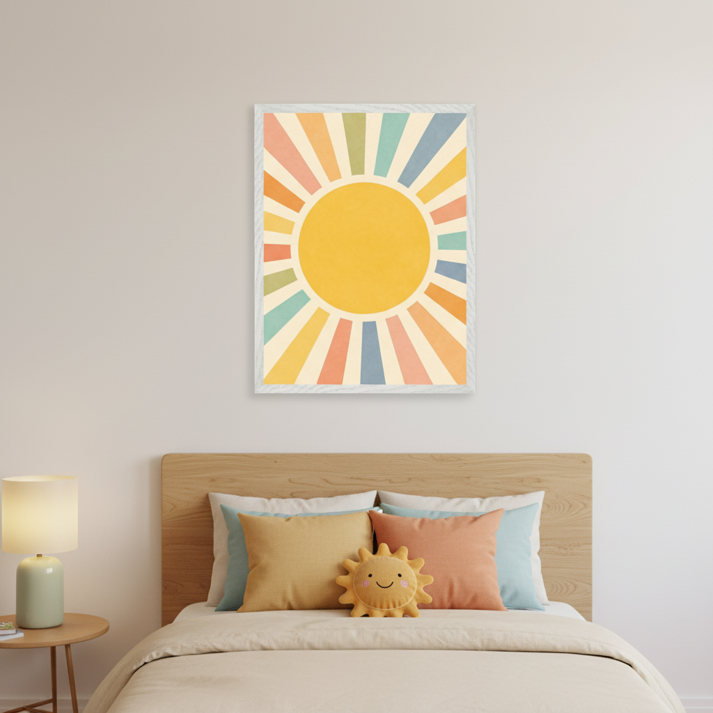 Modern bedroom with a wooden bed and headboard. A framed art print of a yellow sun with colorful, retro-style rays hangs centered above the bed. The bed has light bedding, three pillows, and a sun plushie. A green lamp sits on a wooden side table.