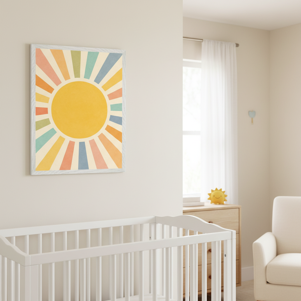 Modern nursery with a white crib in the foreground, a light wood dresser, and a cream armchair. A framed geometric wall art featuring a yellow sun with colorful pastel rays hangs on the light beige wall above the crib.