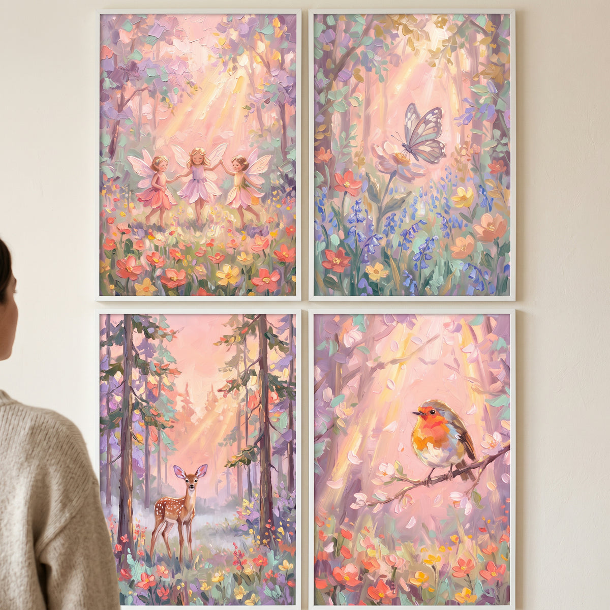 Sunbeam Pastel Enchanted Forest Wall Art Set of 4 - Sunlit Forest Dreams