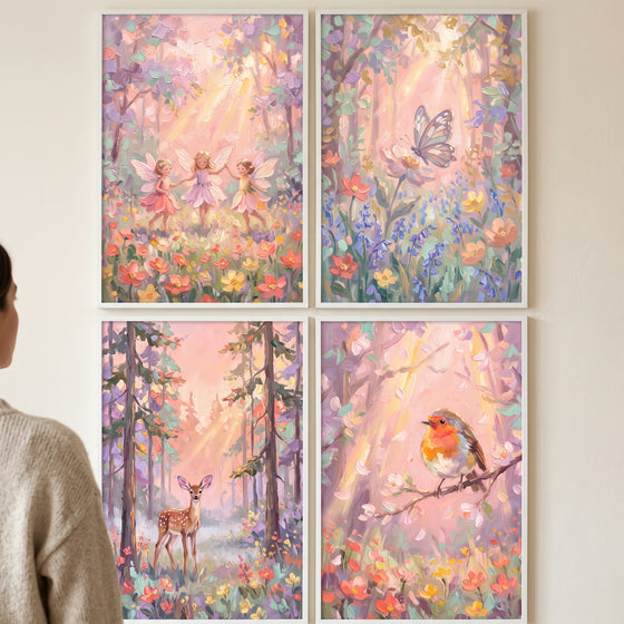 Sunbeam pastel enchanted forest wall art set of 4 featuring fairies, a butterfly, a deer, and a bird in a floral woods.