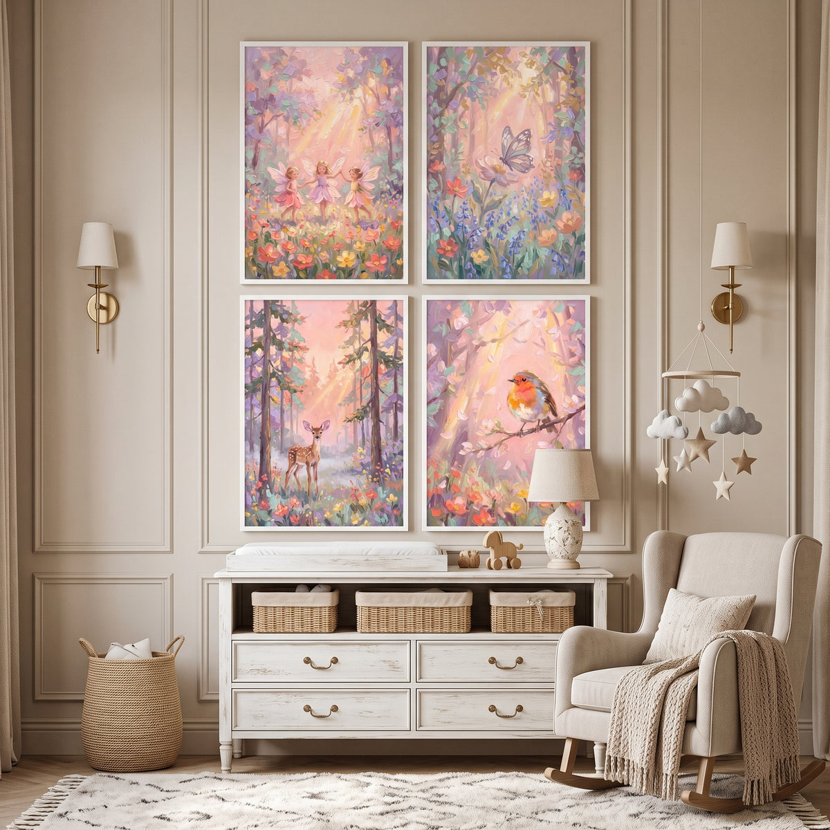 Sunbeam Pastel Enchanted Forest Wall Art Set of 4 - Sunlit Forest Dreams