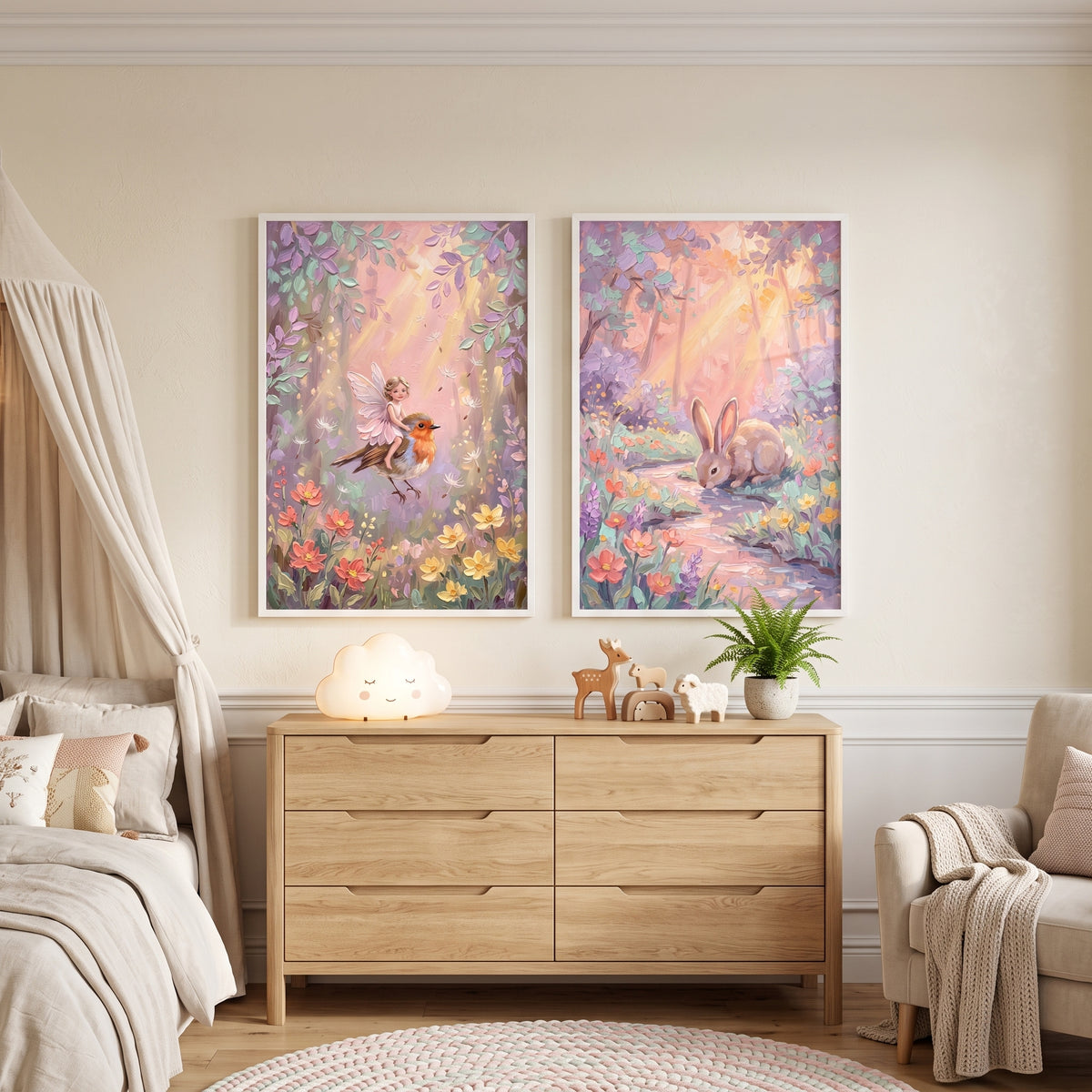 Sunbeam Pastel Forest Wall Art Set of 2 - Whimsical Meadow Magic