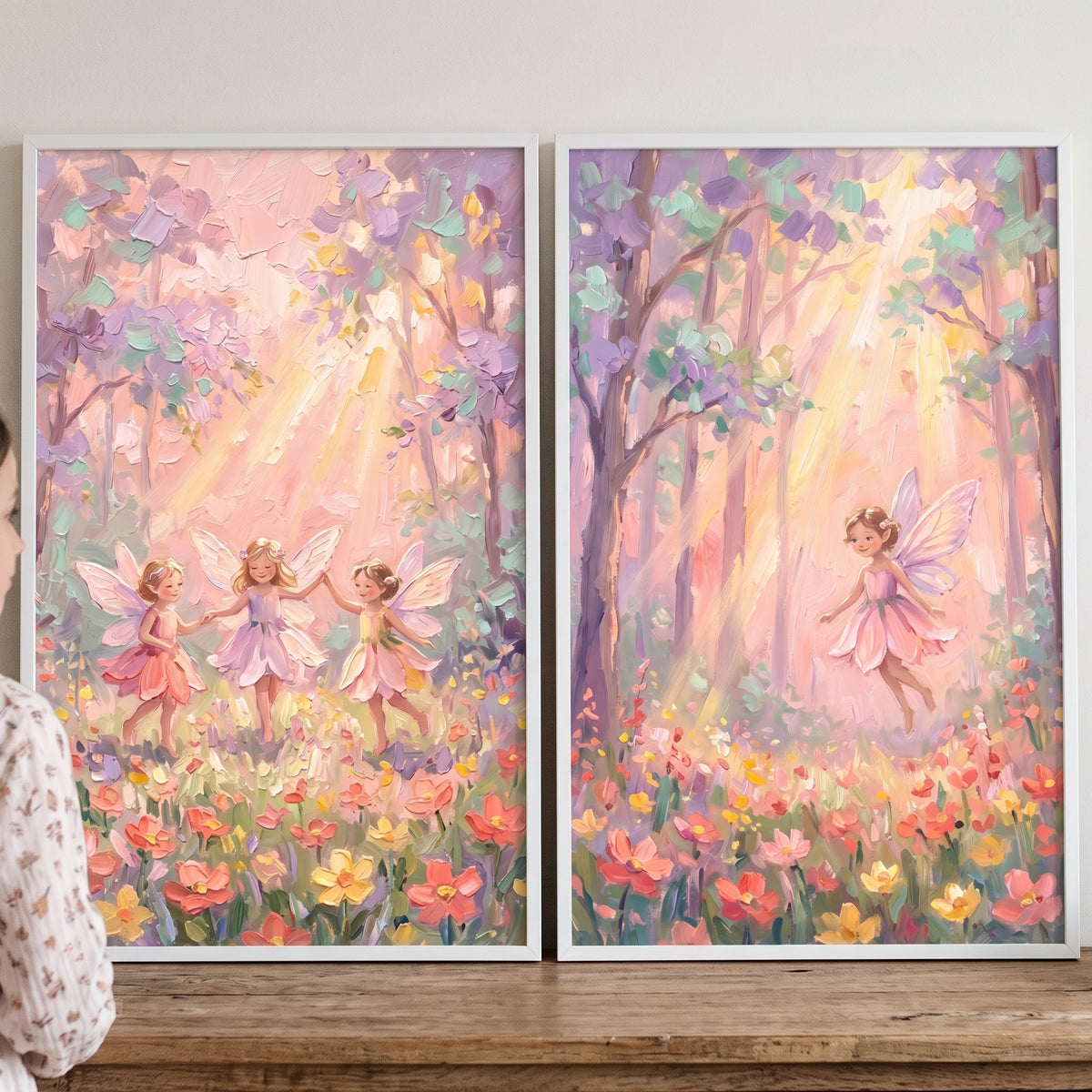 Sunbeam pastel meadow fairy wall art set of 2 shows fairies dancing and flying in a sunlit, textured floral forest.