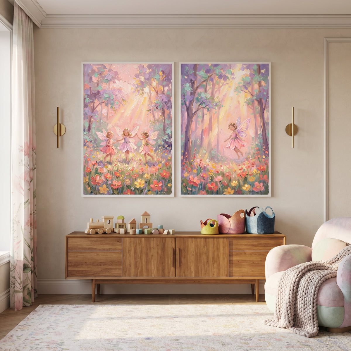 Sunbeam Pastel Meadow Fairy Wall Art Set of 2 - Sunlit Meadow Dance