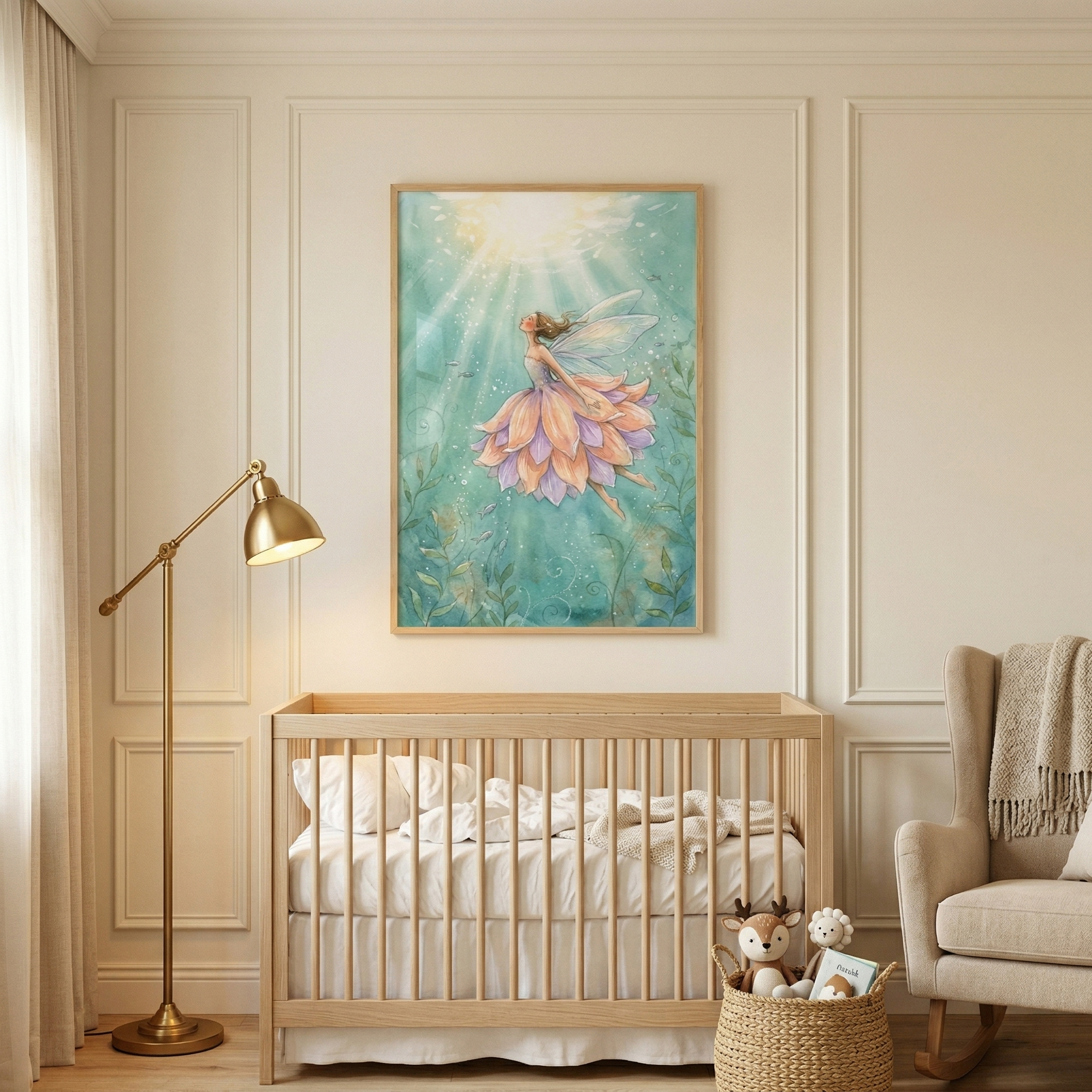 A serene and softly lit nursery features a tranquil color palette of cream, beige, and light wood tones. Centered on a wall adorned with elegant panel molding is a large framed illustration. The artwork depicts a whimsical winged figure with a flowing skirt made of layered pink and peach petals, ascending toward a bright, sun-like glow. The background of the piece is a misty blend of teal and green, filled with shimmering light and delicate leaf-like shapes.

