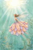 Soft watercolor illustration of a winged fairy floating upward through turquoise water with her face lifted toward bright sunbeams above. She wears a flowing petal dress in peach and lavender tones while tiny fish, bubbles, and wispy sea plants drift around her, giving the scene a peaceful underwater fantasy feel.
