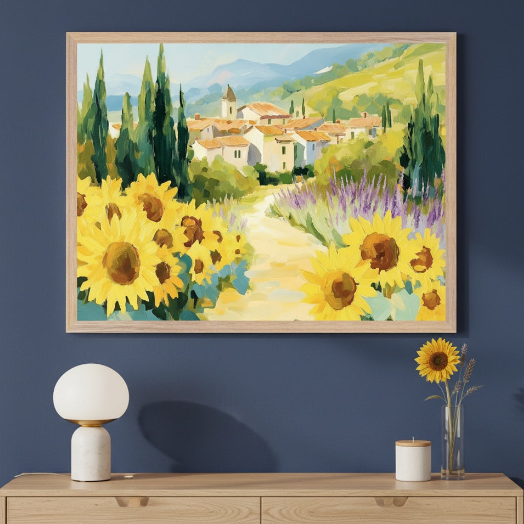 Modern room with a light wood console table against a blue wall. A large framed impressionistic painting of a sun-drenched village scene with sunflowers, lavender, and cypress trees in the foreground hangs above the table.
