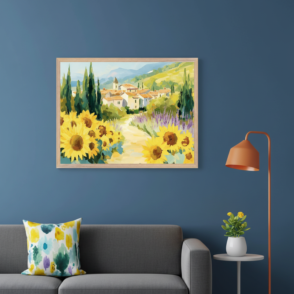 Modern living room with a gray sofa. A large light wood framed painting of a bright Tuscan village landscape with sunflowers, lavender, cypress trees, and hills hangs centered above the sofa. The painting is in a vibrant, illustrative style.