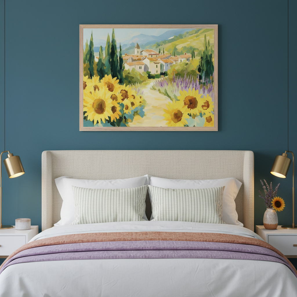 Bedroom with a beige upholstered bed. A framed painting of a Tuscan landscape with sunflowers, lavender, white village houses, and cypress trees hangs centered on the dark blue wall above the bed. White nightstands with brass lamps flank the bed.