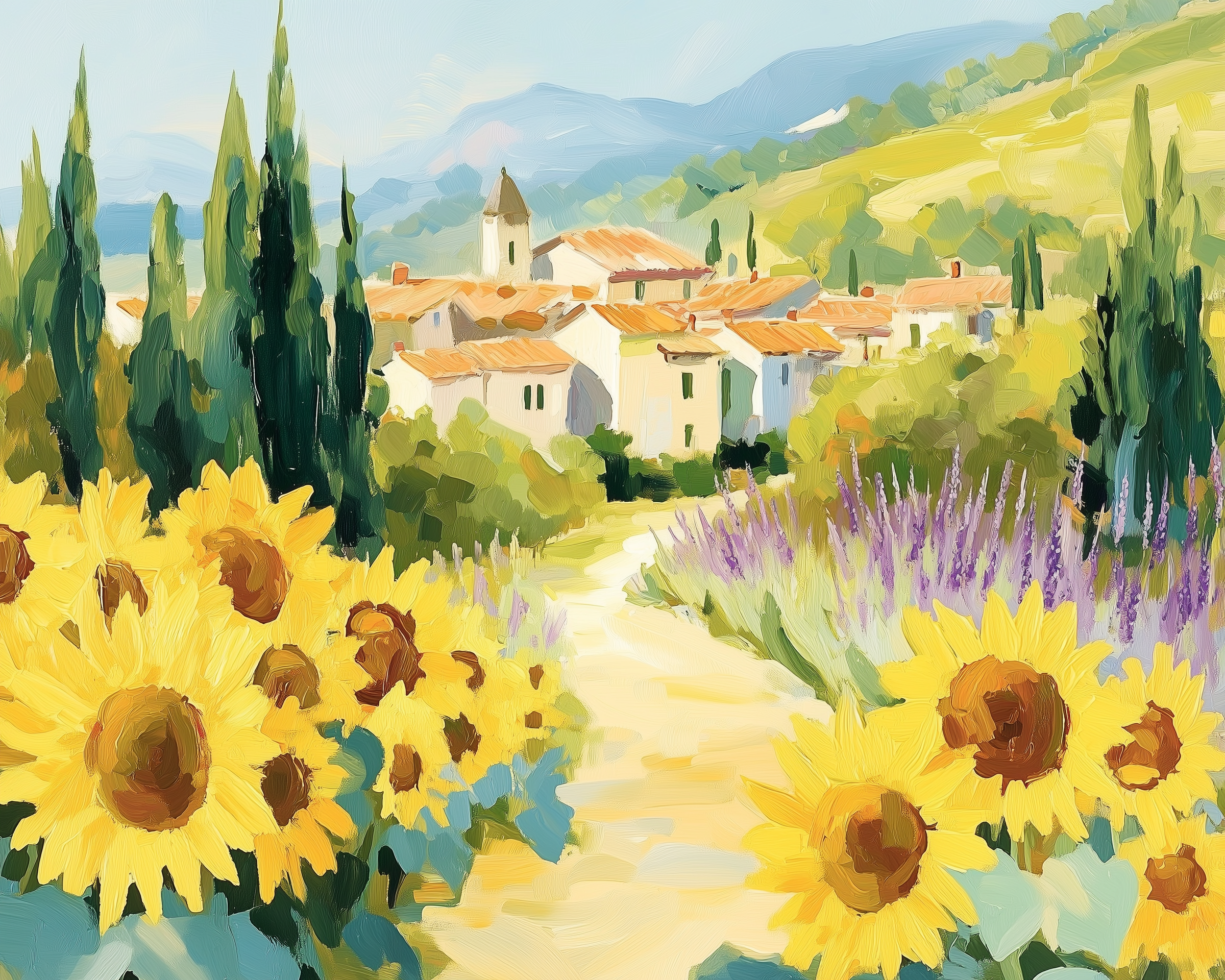 A charming landscape of bright sunflowers leading to a hilltop village with terracotta rooftops and green trees. The soft lighting and rich colors evoke a warm, summery feel in the countryside.
