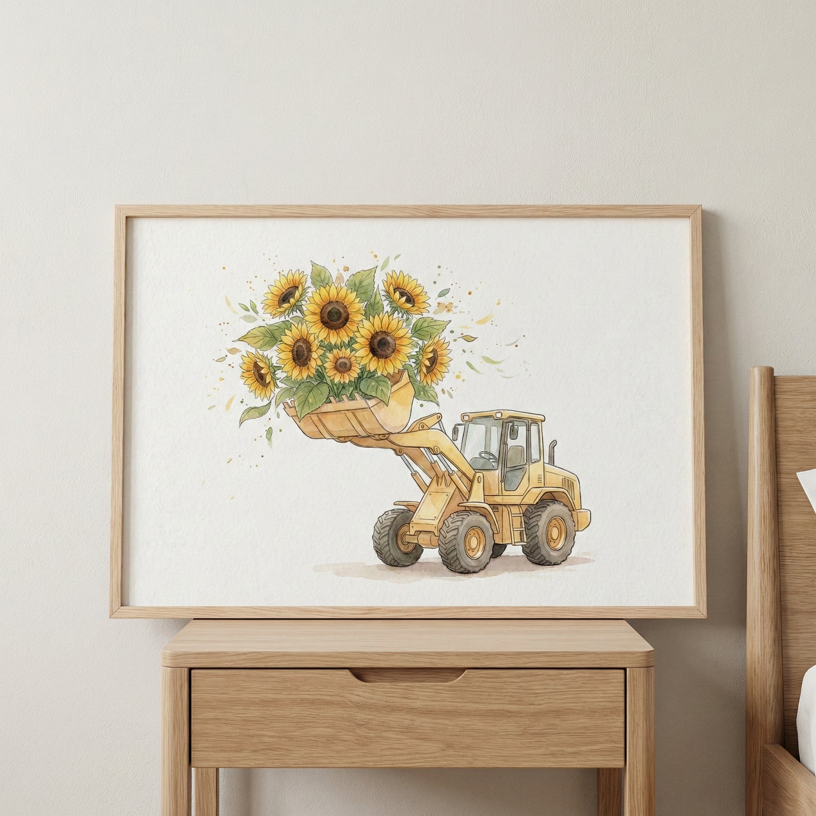 Charming illustration of a yellow construction loader carrying a vibrant bunch of sunflowers, set in a light wood frame atop a bedside table with a clean white wall backdrop.ket in its mouth. The pup’s stance and gaze create a lighthearted, athletic theme.