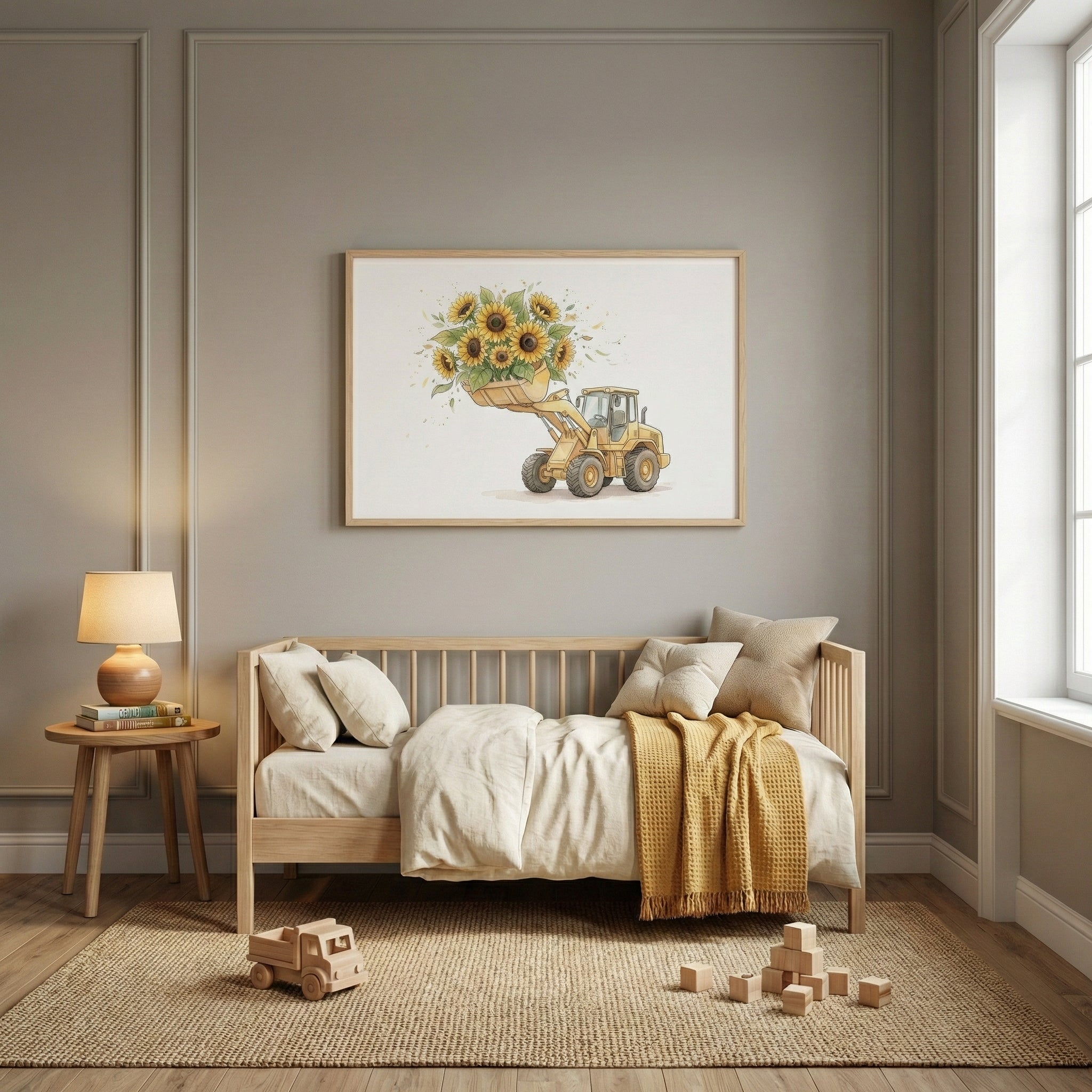  Framed watercolor of a yellow loader lifting a bouquet of sunflowers, hung above a wooden toddler bed in a softly lit room with warm earth-toned decor and wooden toys.