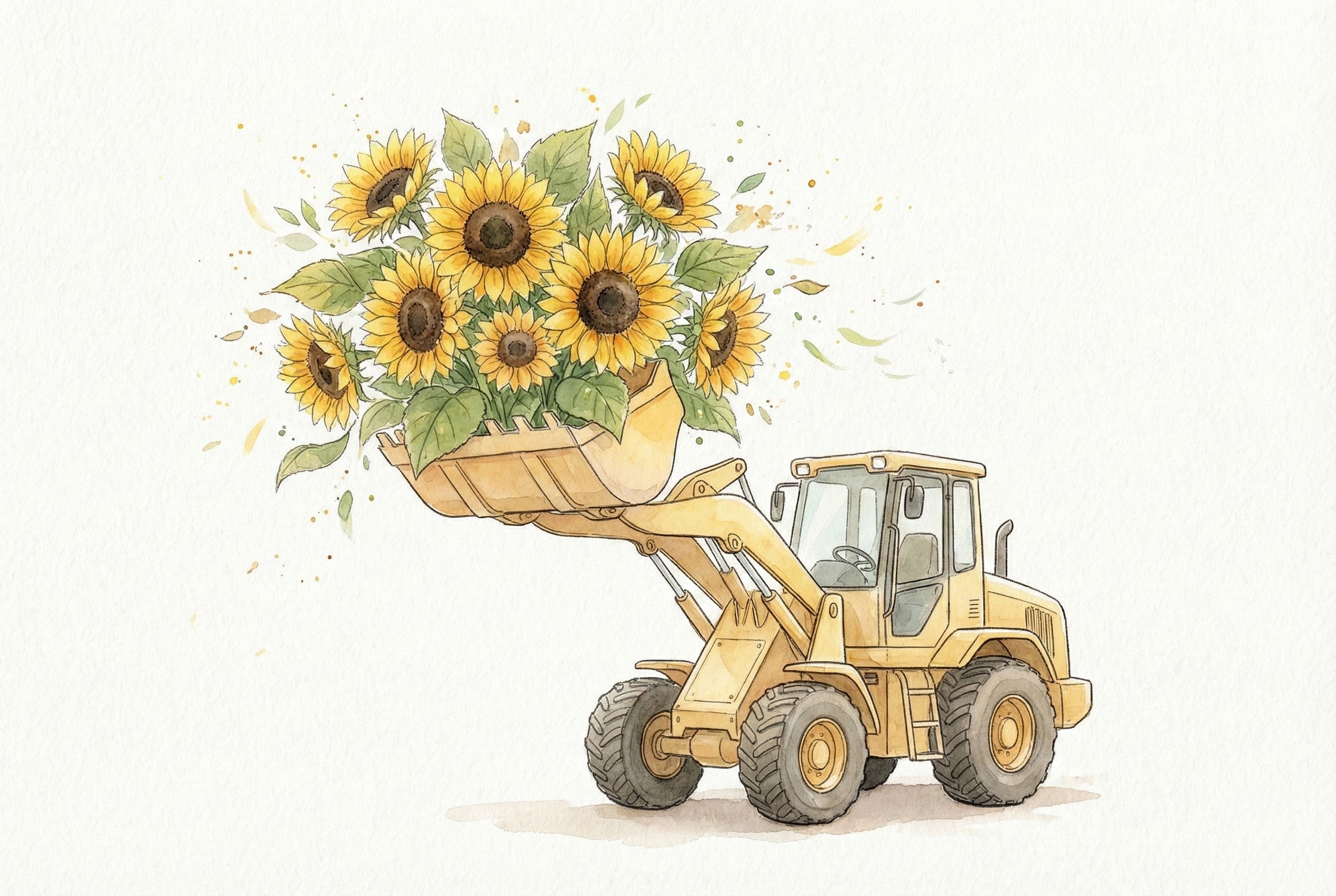 Watercolor illustration of a yellow front-end loader lifting a vibrant bouquet of sunflowers in its bucket. Leaves and petals swirl whimsically around, blending industrial machinery with natural beauty in a playful, imaginative scene.