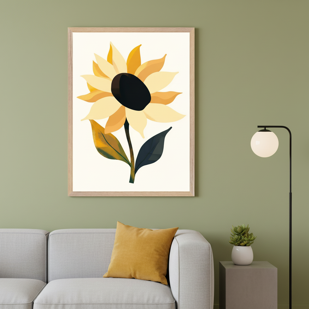 Modern living room with a gray sofa. A large framed abstract sunflower print in yellow and black hangs above the sofa. A black floor lamp and a side table with a small succulent are to the right.