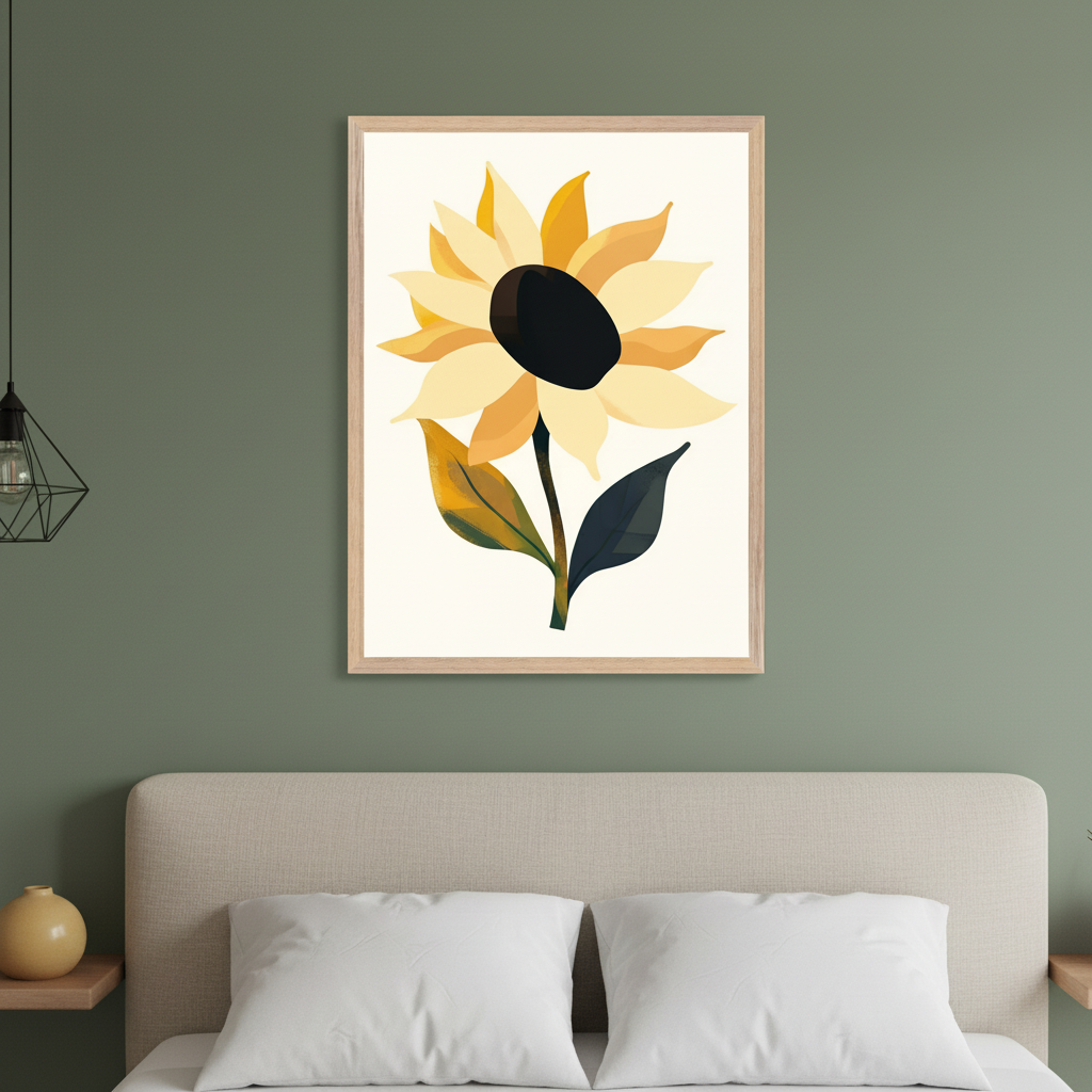 Modern bedroom with a sage green wall. A light wood-framed print of a minimalist yellow sunflower with a dark center and green leaves hangs above a beige fabric bed headboard.