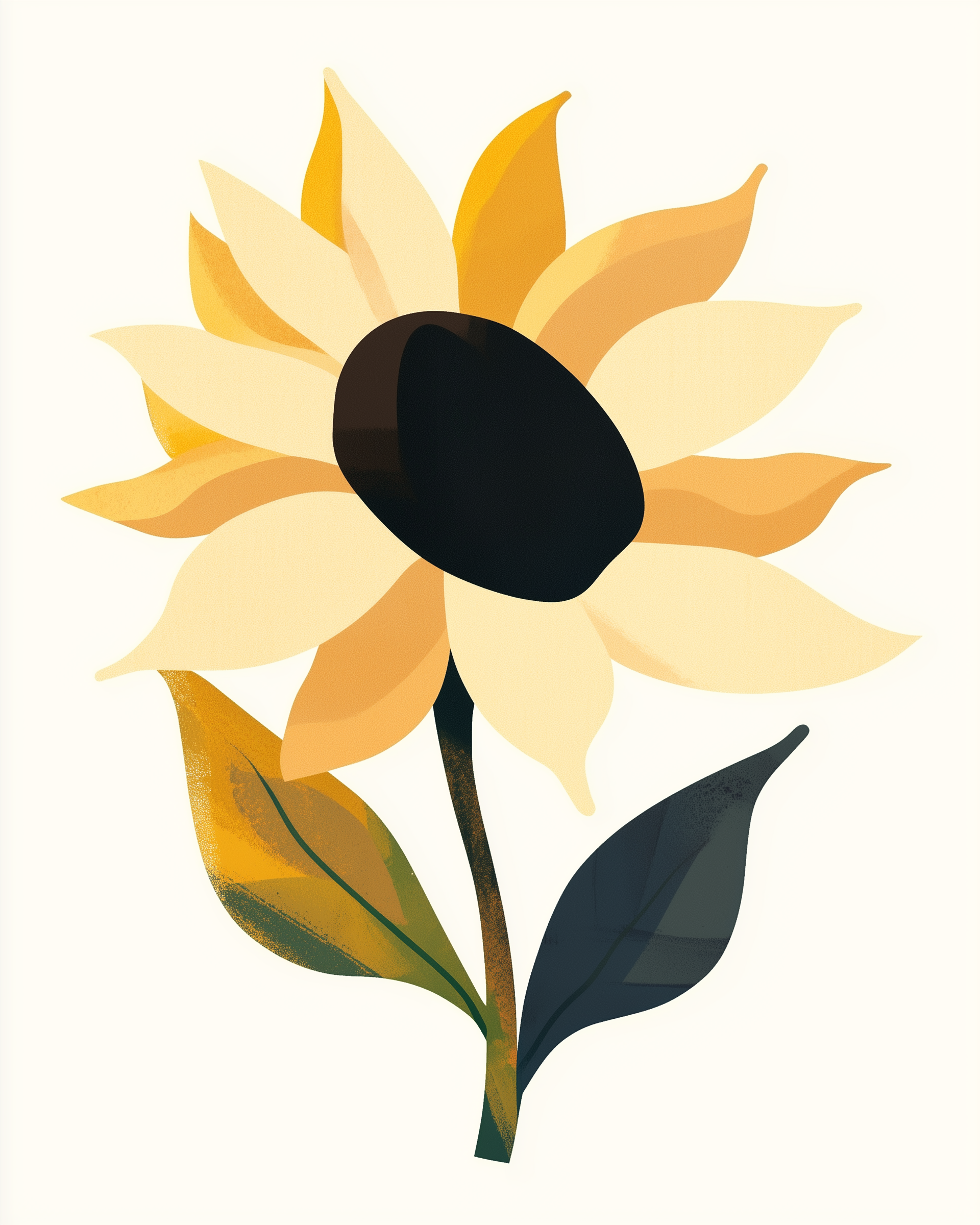 Bold and simple sunflower artwork with warm yellow petals, a large dark center, and stylized green leaves on a clean white background
