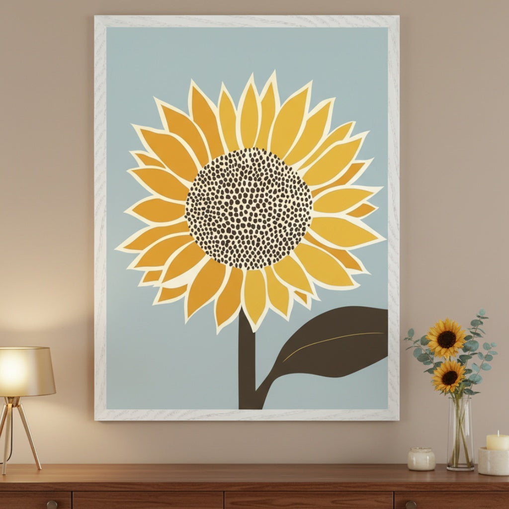 Living room with a dark wood dresser. A large, light-framed print of a stylized yellow sunflower on a muted blue background hangs centered above the dresser. A gold lamp and a vase with sunflowers are also on the dresser.