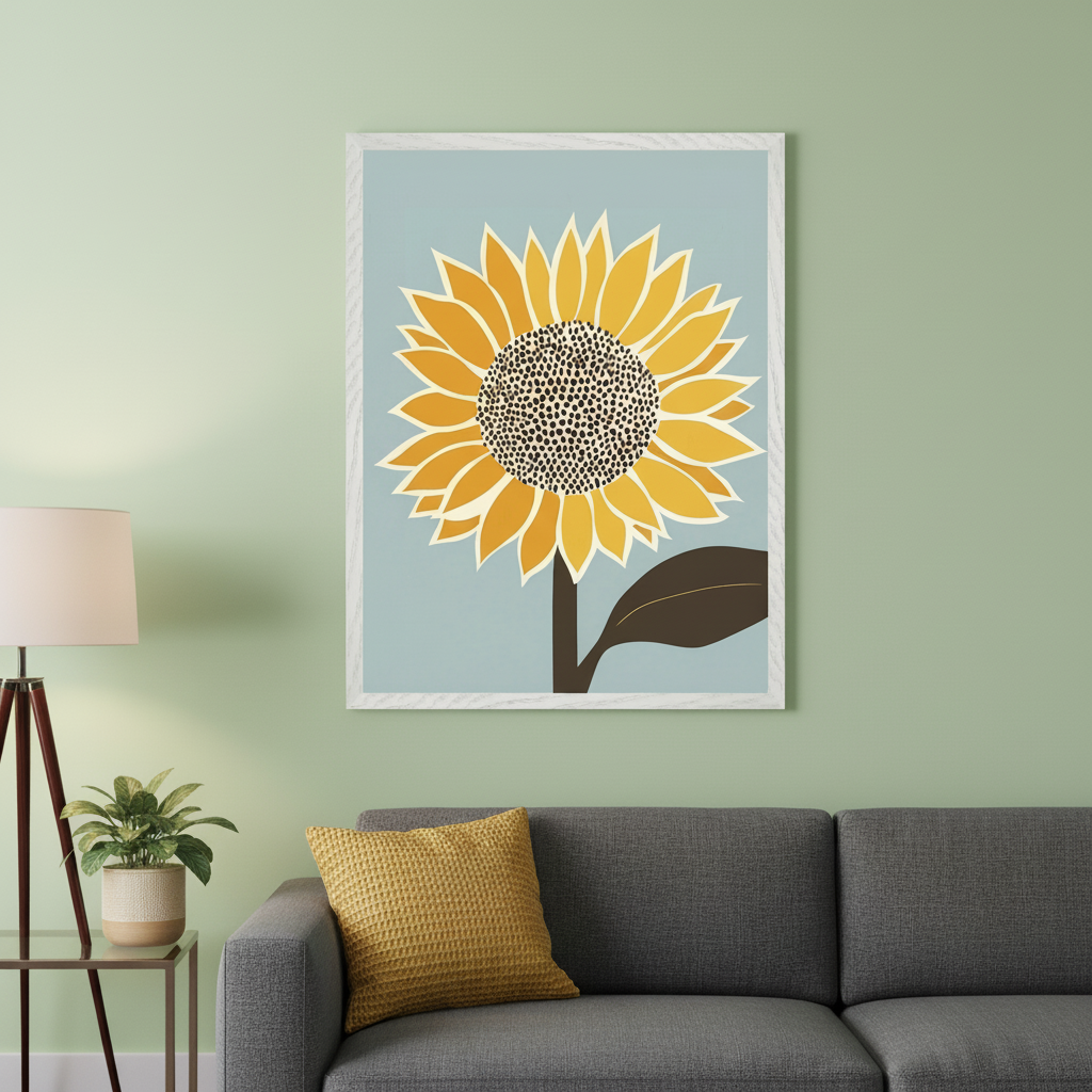 Living room with pale green walls. A large framed minimalist sunflower print, featuring yellow petals and a dark center on a light blue background, hangs above a grey sofa. A yellow throw pillow rests on the sofa, and an end table with a lamp and plant is to the left.