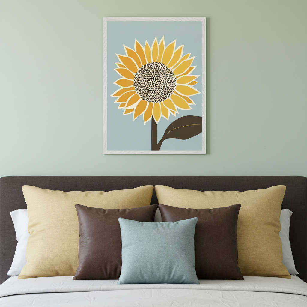Modern bedroom with a bed and dark brown headboard. A framed graphic-style sunflower print with yellow petals on a light blue background hangs centered above the bed. Yellow, brown, and blue pillows are arranged on the bed.