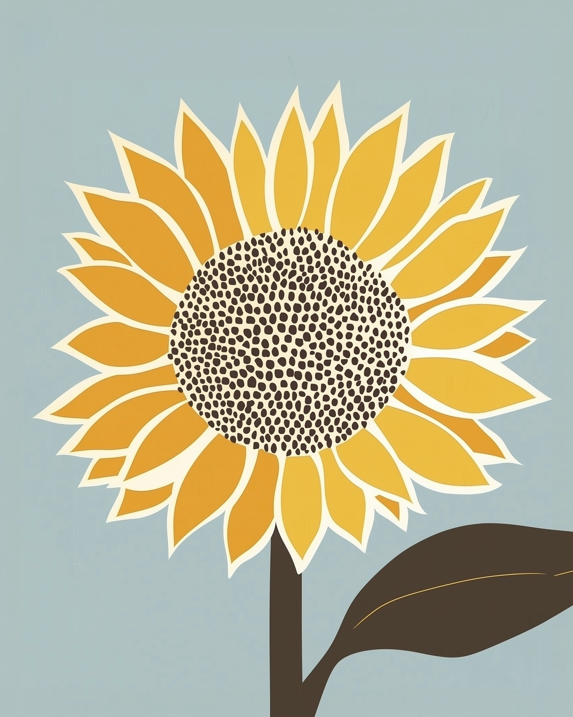 Contemporary sunflower illustration with sharp yellow petals and a dotted center, set against a muted blue backdrop for a fresh botanical look
