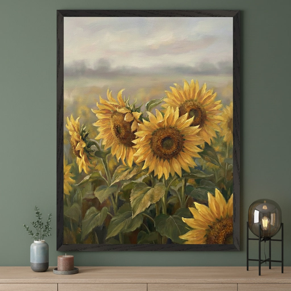 Modern room with a sage green wall and a light wood console table. A large black-framed oil painting of a sunflower field under a cloudy sky hangs centered above the table. A vase, candle, and modern lamp are on the console.