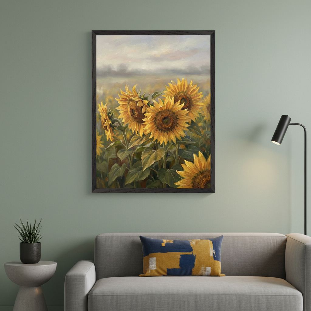 Modern living room with a sage green wall. A framed painting of a field of sunflowers hangs centered above a grey sofa with a blue and yellow abstract pillow. A round concrete side table with a plant sits left, and a black floor lamp stands right.