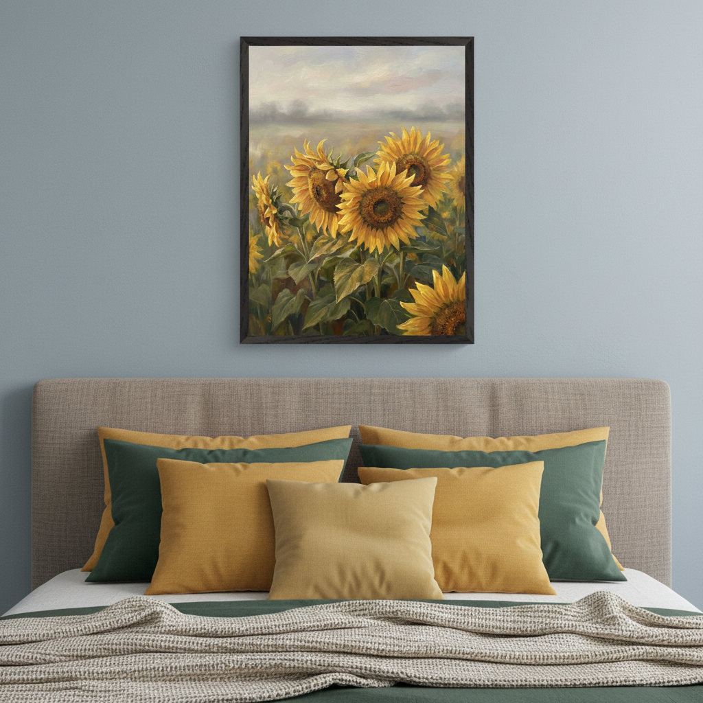 Modern bedroom with a beige upholstered bed and green and yellow pillows. A black-framed vertical painting of a field of sunflowers under a cloudy sky hangs above the bed on a light blue wall.