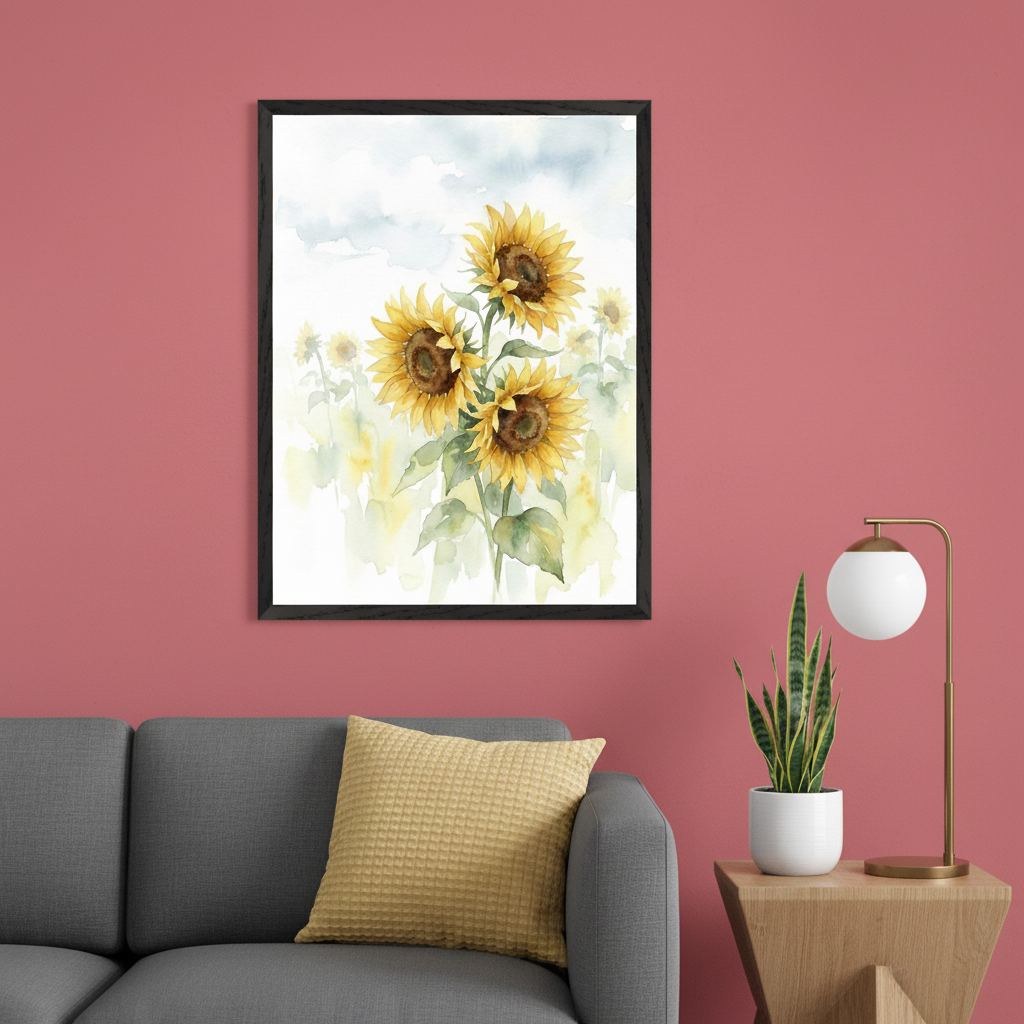 Living room with a grey sofa and a wooden side table. A black-framed watercolor painting of three sunflowers hangs centered above the sofa. A golden lamp and snake plant are on the side table against a pink wall.