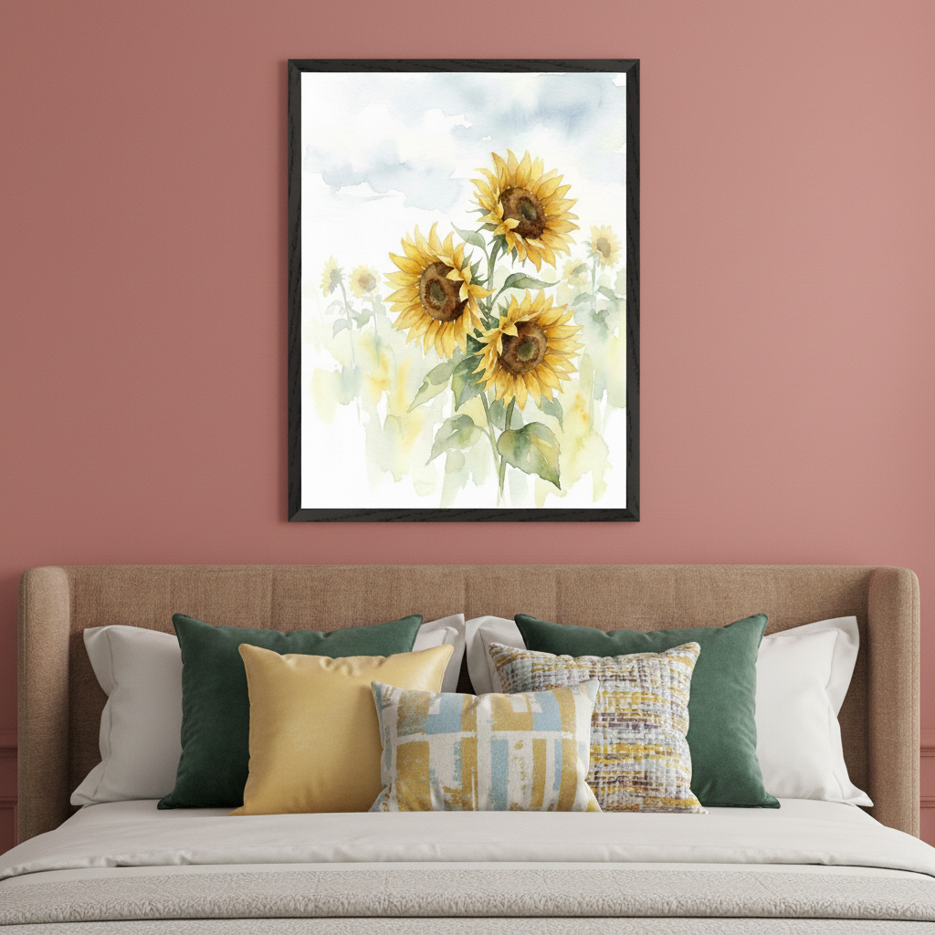 Modern bedroom with a beige upholstered bed and a dusty rose wall. A framed watercolor painting of three prominent sunflowers in a field hangs above the bed.