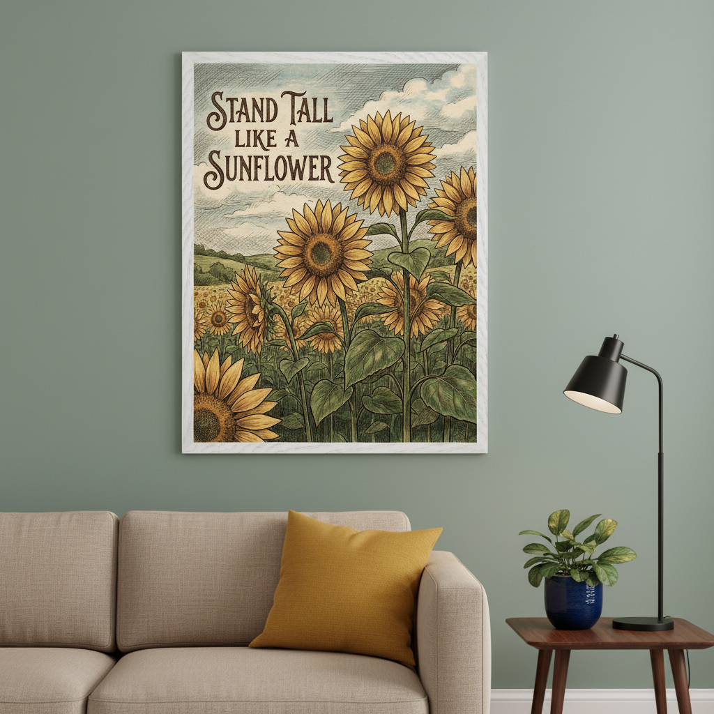 Living room with a green wall. A large framed vintage-style illustration of a sunflower field with etched details and the text "STAND TALL LIKE A SUNFLOWER" hangs above a beige sofa. A side table with a black lamp and a potted plant sits to the right.