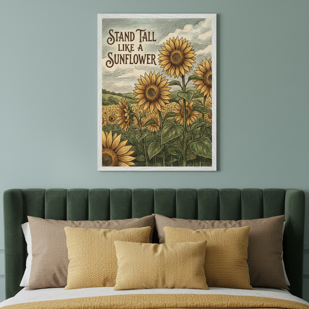 Modern bedroom with a teal wall and a green upholstered bed. Centered above the headboard hangs a framed vintage-style illustration of a sunflower field with the text 'STAND TALL LIKE A SUNFLOWER'. Neutral and yellow pillows on the bed.