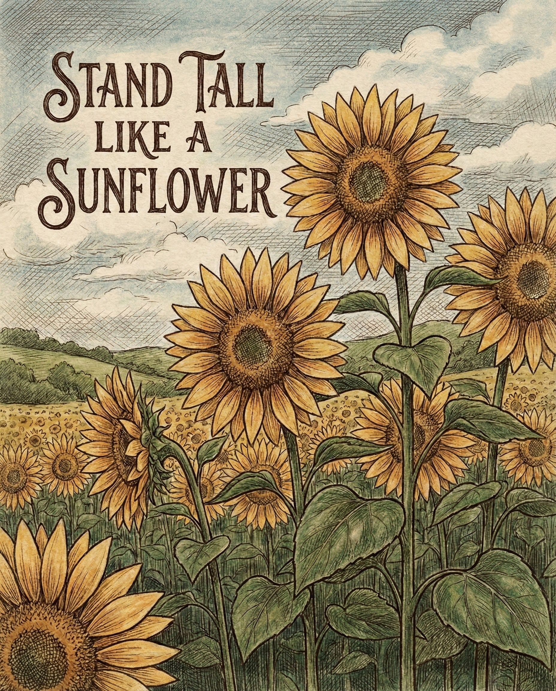 Rustic illustration of bright yellow sunflowers in a green field beneath a blue sky with the inspirational quote “Stand Tall Like a Sunflower” written in bold vintage lettering to encourage resilience and positivity
