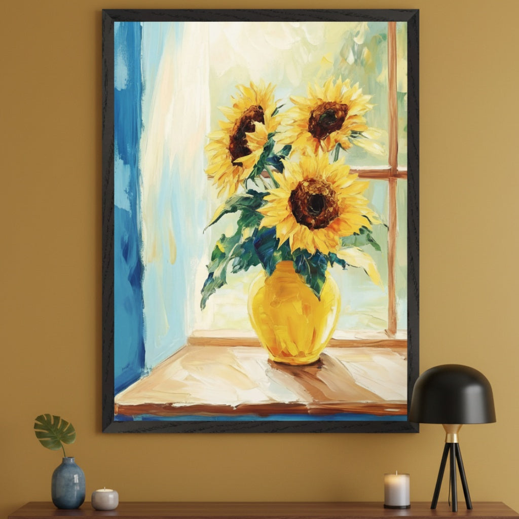 Modern room with a dark wooden console table. A large black-framed painterly oil painting of sunflowers in a yellow vase on a windowsill hangs above the table.