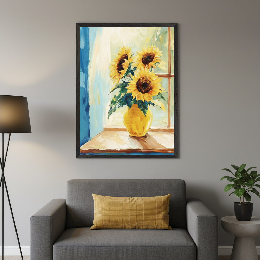Living room with a gray sofa and yellow pillow. A black floor lamp is on the left, and a plant on a side table is on the right. A framed impressionistic painting of three sunflowers in a yellow vase on a wooden windowsill with a blue window background hangs centered above the sofa.