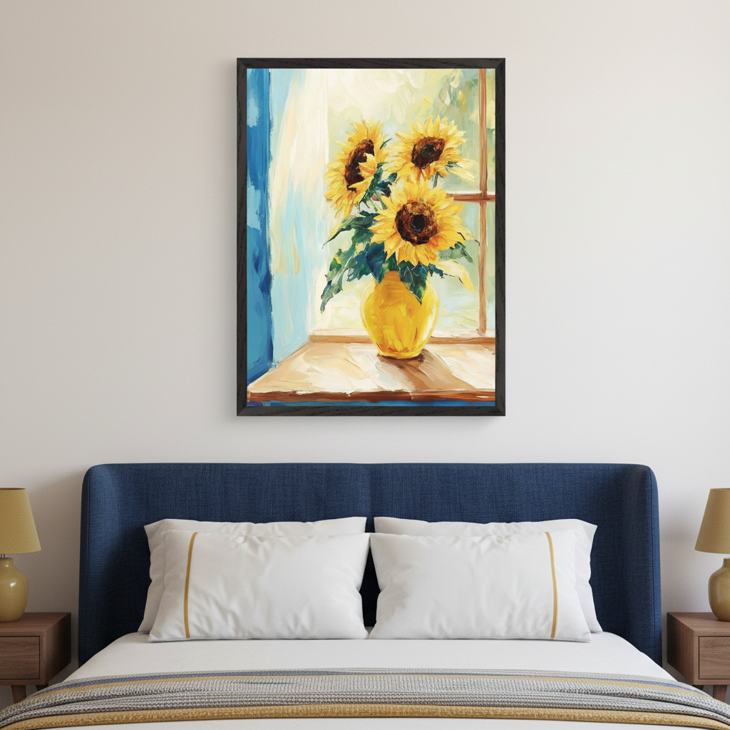 Modern bedroom with a blue upholstered bed, two nightstands, and lamps. A black-framed painting of sunflowers in a yellow vase by a window hangs centered above the bed.