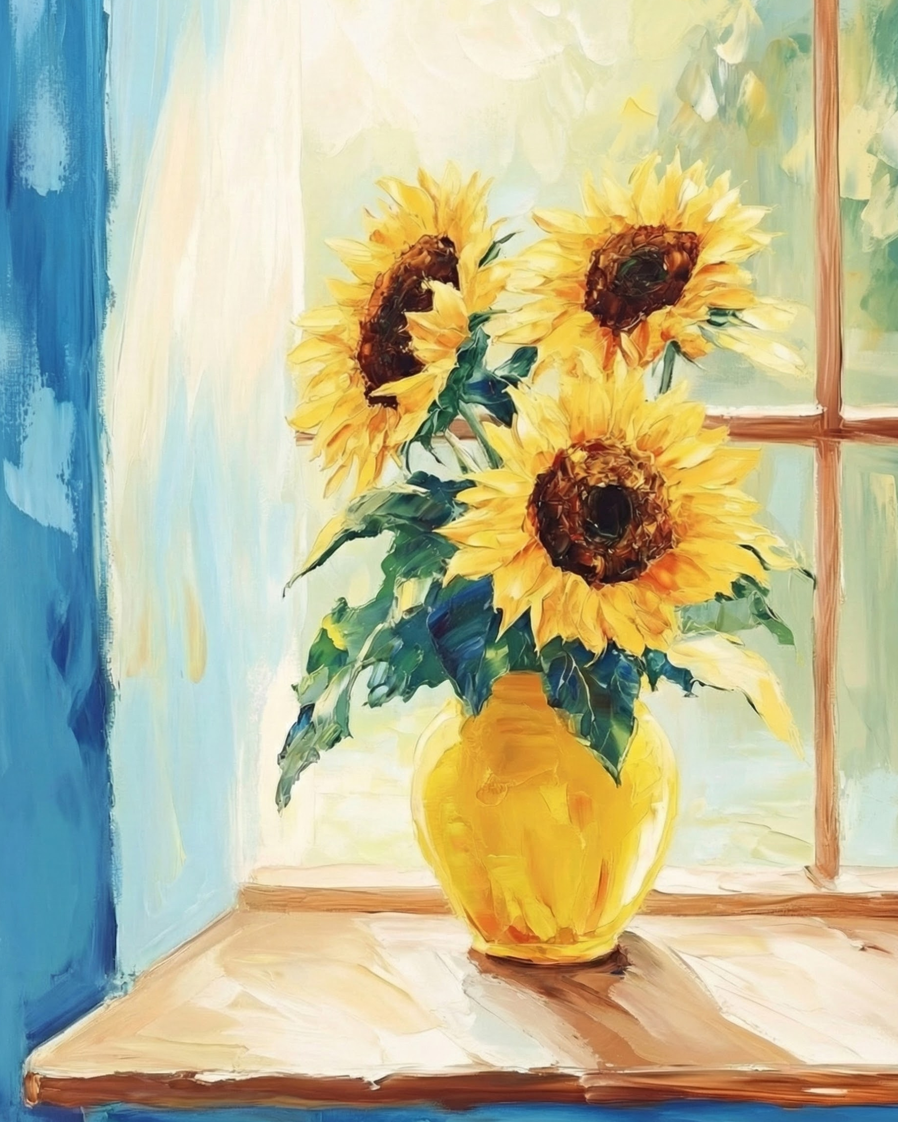 Vibrant painting of sunflowers in a bright yellow vase placed on a windowsill with soft light streaming through, framed by textured blue and white curtains

