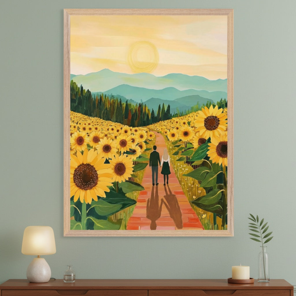 Modern room with a dark wooden dresser. A large framed painting hangs centrally above the dresser, depicting a couple walking hand-in-hand down a brick path through a field of sunflowers under a yellow sky with mountains and trees in the background.