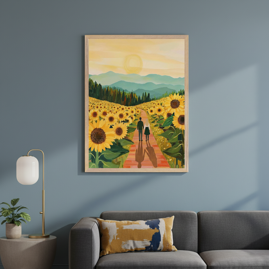 Modern living room with a grey sofa and a side table with a lamp and plant. A framed painting of a couple walking through a sunflower field under a sunny sky, in an illustrative style, hangs above the sofa.